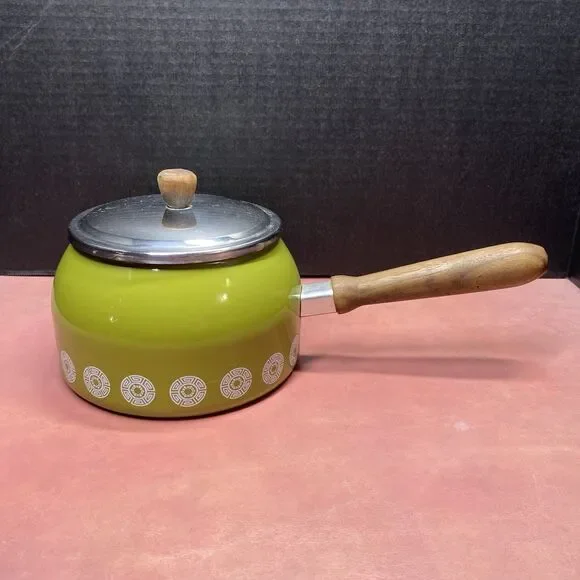 Vintage Mid Century Modern Enamel Saucepan Plate Fondue Pot Wood Handle Green - Picture 4 of 12